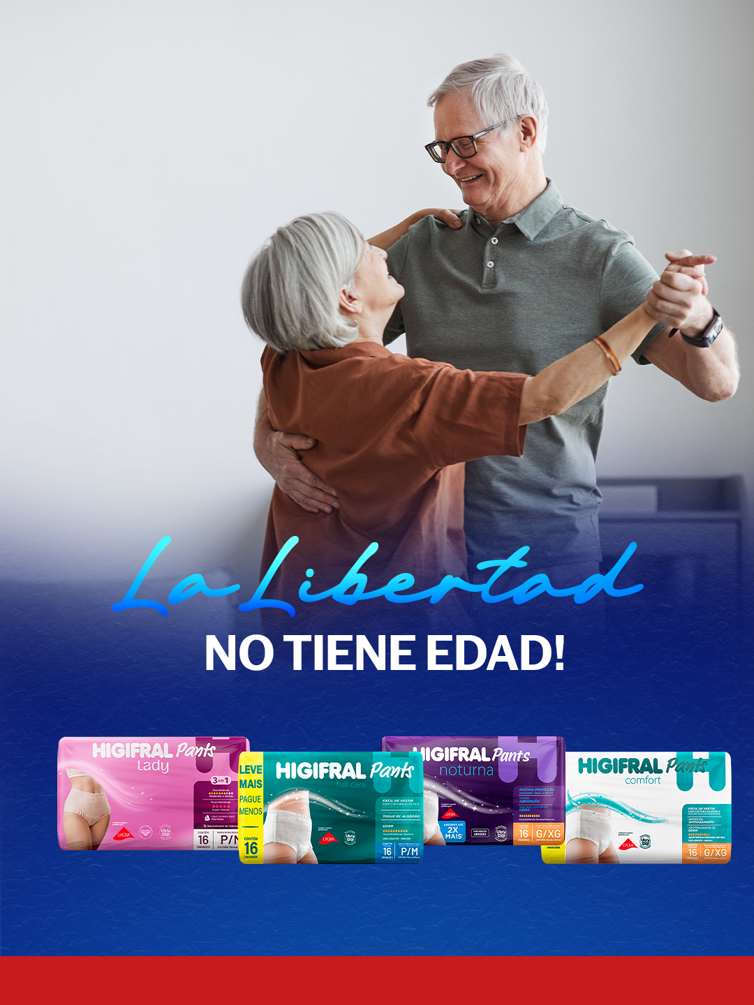 Pareja de adultos mayores bailando, la libertad no tiene edad, línea Higifral Pants